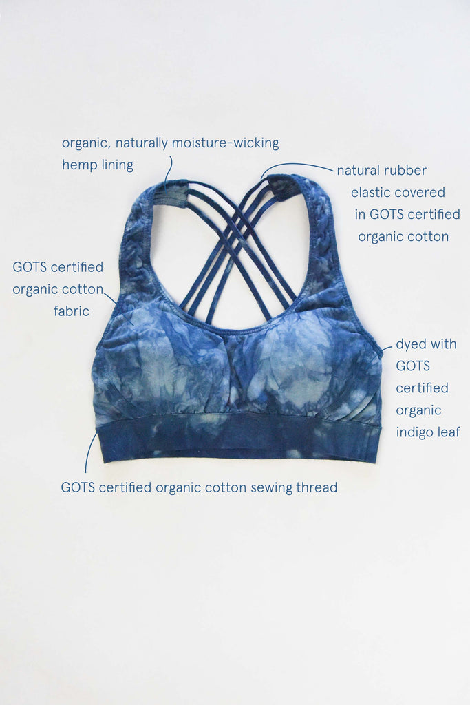 GOTS certified organic cotton shibori sports bra with natural rubber elastic