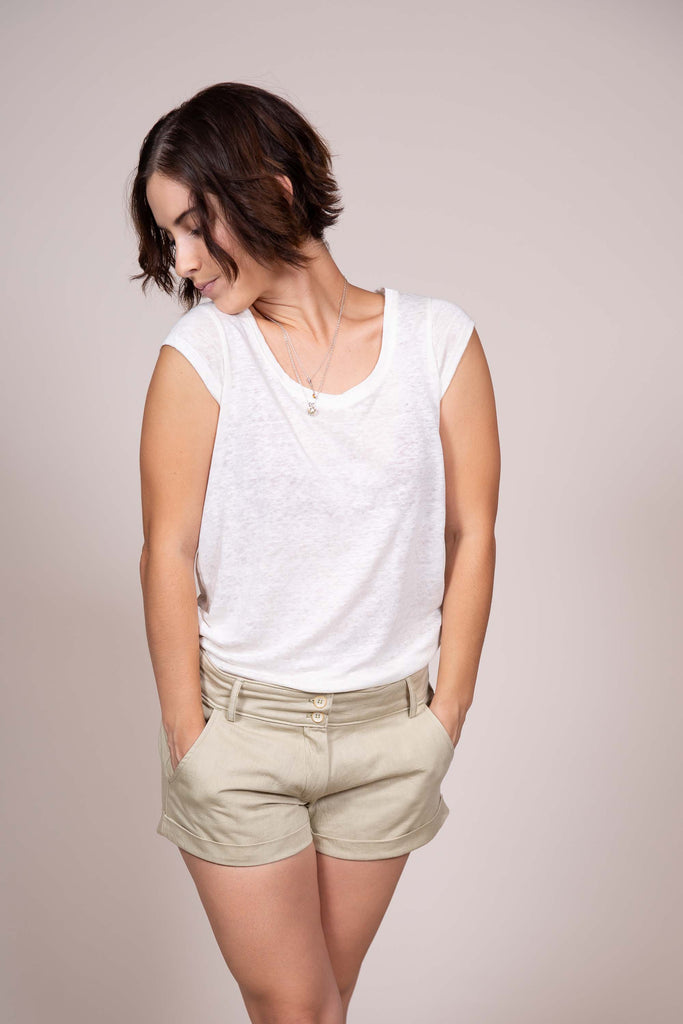 women's linen tee shirt made from GOTS certified organic linen and cotton sewing thread, undyed dye free and chemical free