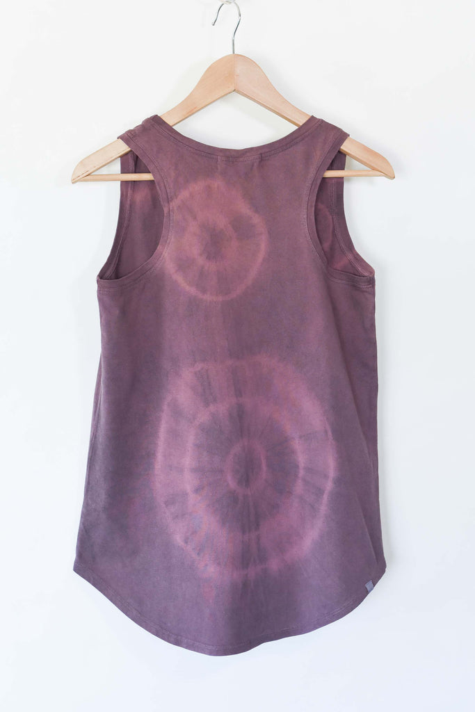 GOTS certified organic cotton racerback women's tank top plant dyed with logwood from Campeche tree and madder root