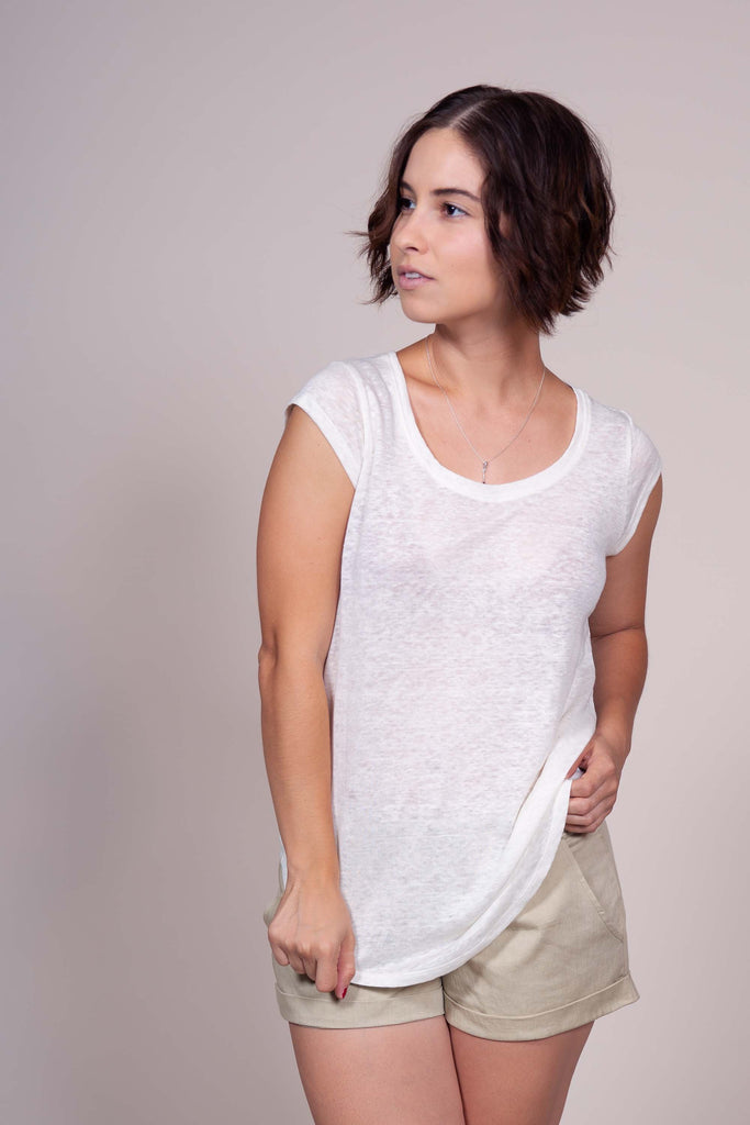 women's linen tee shirt made from GOTS certified organic linen and cotton sewing thread, undyed dye free and chemical free