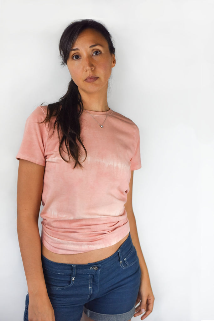 women organic cotton tee shirt naturally dyed with plants, dyed with avocado skins and seeds