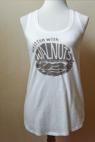 GOTS certified organic women's clothing organic cotton racerback tank top, white, undyed and chemical free dye free screen printed with walnut hulls