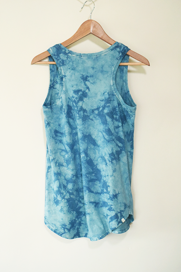 shibori teal blue natural indigo dyed organic cotton women's clothing, tank shirt top plant dyed myrobalan fusticwood