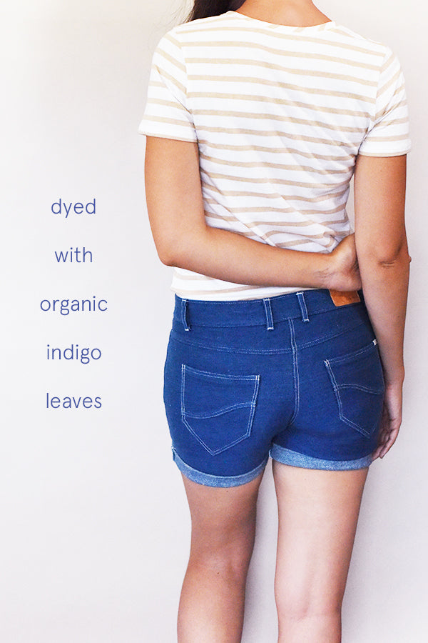 naturally plant-dyed organic cotton denim women's clothing, jean shorts, bottoms, dyed with indigo leaves