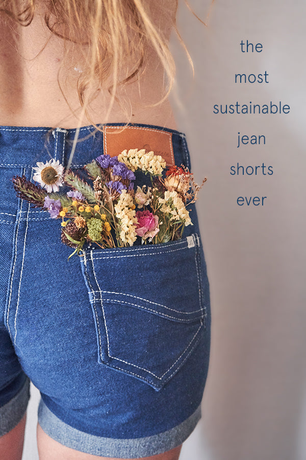 naturally plant-dyed organic cotton denim women's clothing, jean shorts, bottoms, dyed with indigo leaves