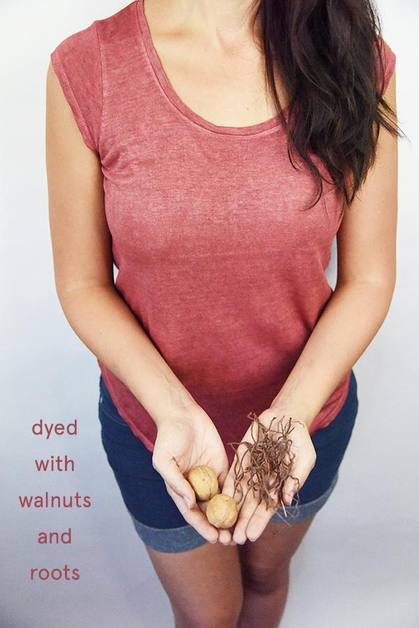 plant dyed organic linen  women's clothing tee shirt top, naturally plant dyed with madder root rubia tinctorum and walnut hulls