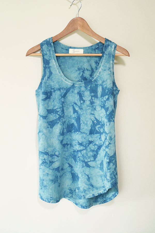 shibori teal blue natural indigo dyed organic cotton women's clothing, tank shirt top plant dyed myrobalan fusticwood