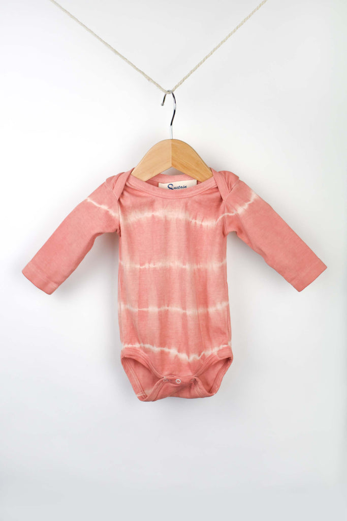 GOTS certified organic cotton long sleeve onesie plant dyed with avocado skins and seeds naturally dyed