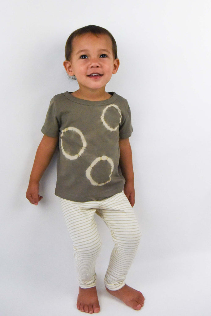 organic cotton kid's tee shirt top naturally dyed with plants, dyed with weld flowers and leaves