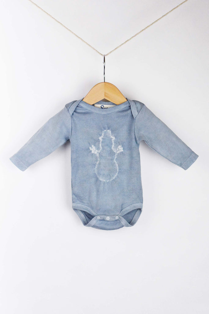 naturally plant-dyed organic cotton kid's clothing, baby long sleeve onesie dyed with indigo