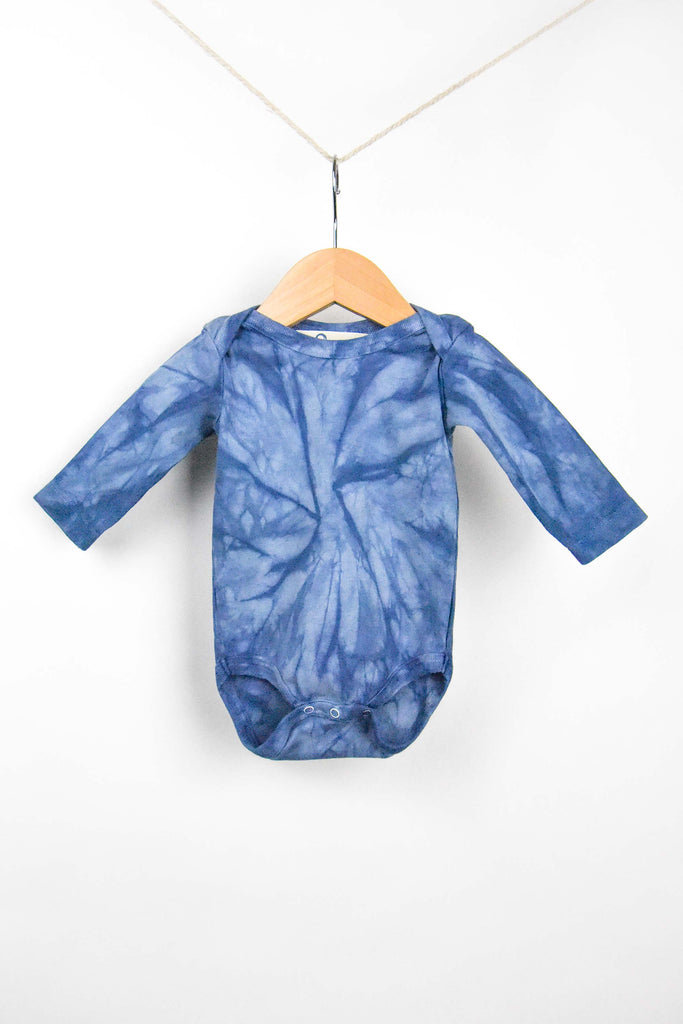 naturally plant-dyed organic cotton kid's clothing, toddler, baby, long sleeve onesie, dyed with indigo