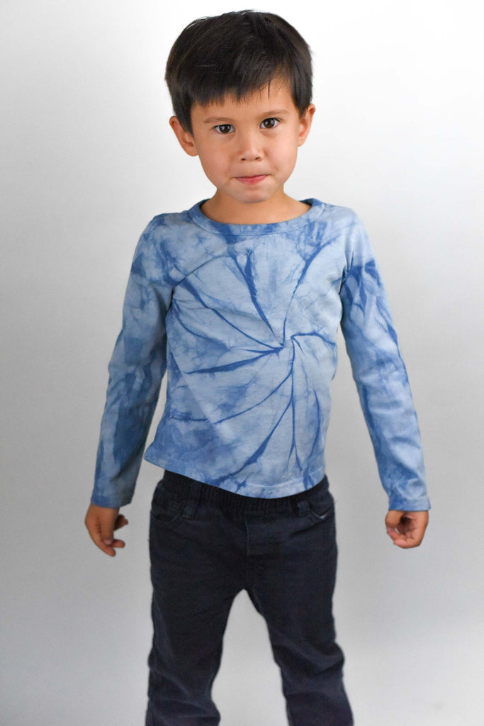 organic cotton kid's long sleeve tee shirt naturally dyed with plants, dyed with indigo leaf extract