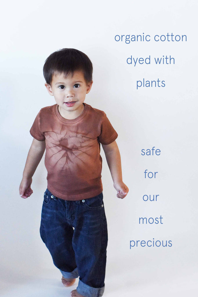 naturally plant-dyed organic cotton kid's clothing, toddler, baby, onesie, tee shirt, dyed with red sandalwood, cutch and oak tannin brick brown red