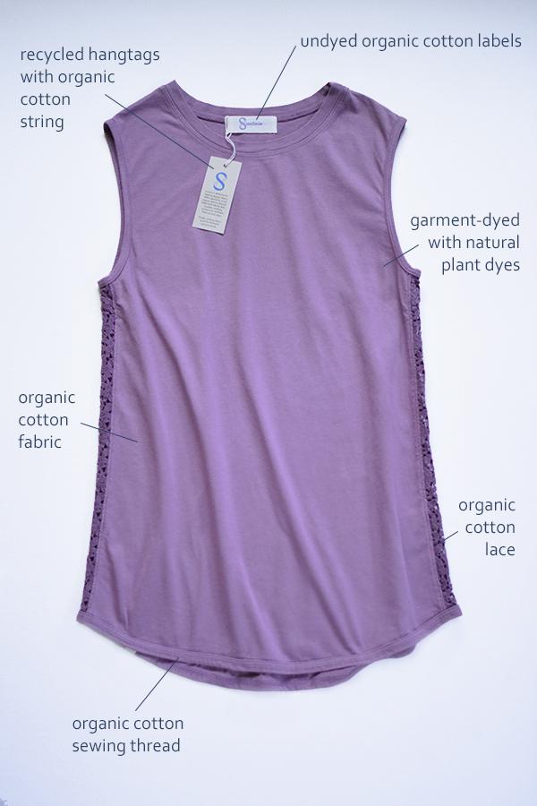 naturally plant-dyed organic cotton women's clothing, tank top, lace shirt, dyed with madder root and logwood