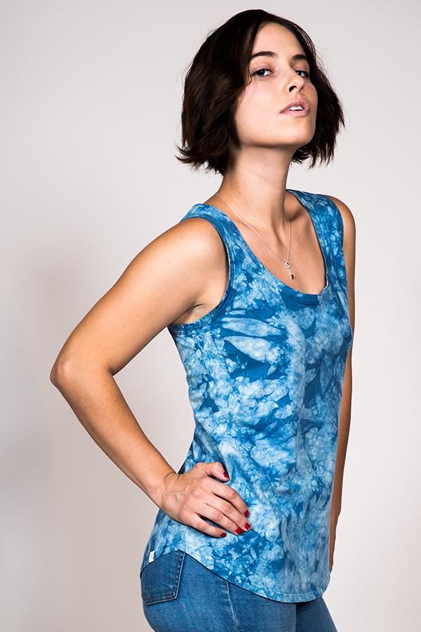 shibori natural indigo dyed organic cotton women's clothing, tank shirt
