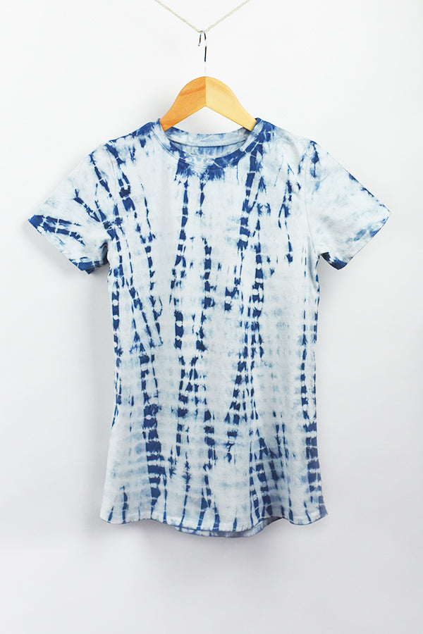 shibori natural indigo dyed organic cotton women's clothing, tee shirt