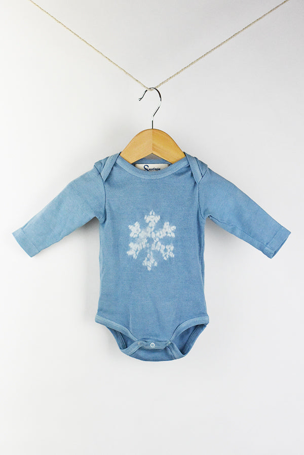 naturally plant-dyed organic cotton kid's clothing, baby long sleeve onesie dyed with indigo